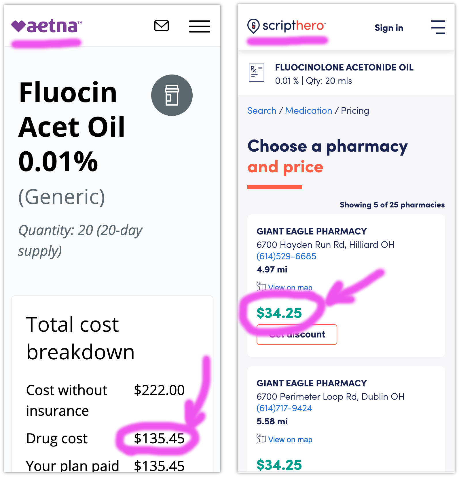 Comparing my Aetna plan with a ScriptHero discount.